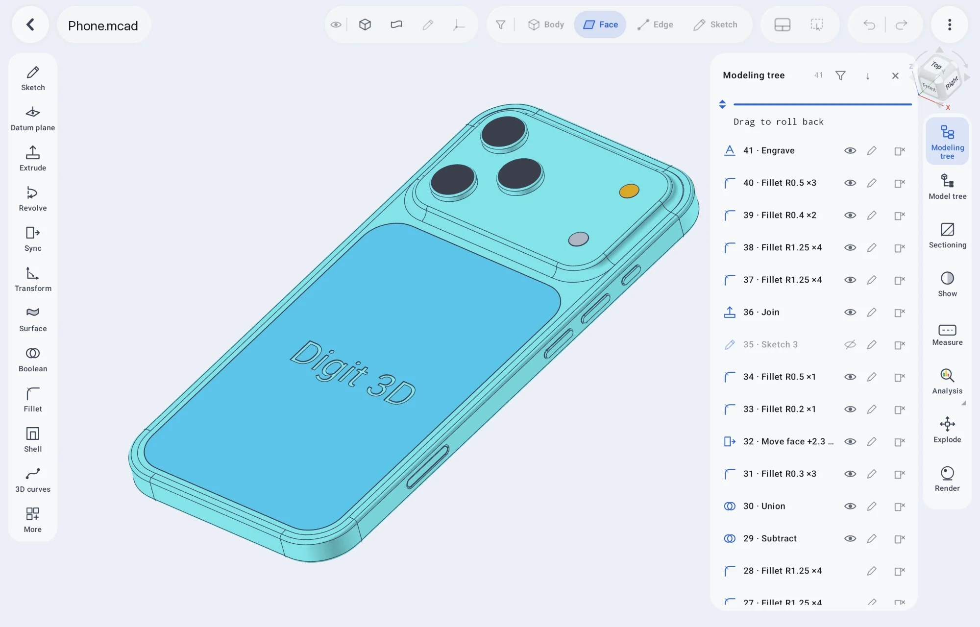 指尖3D 的 3D 编辑器：左侧建模工具轨、选择过滤器与视图魔方